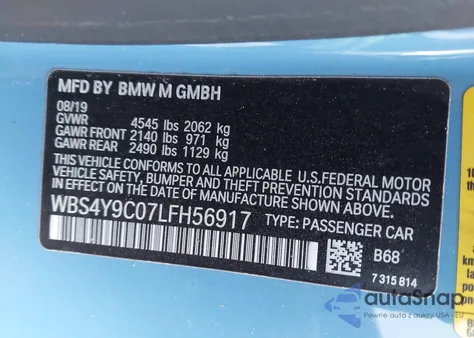 2020 BMW M4 z USA, uszkodzony, nr VIN WBS4Y9C07LFH56917